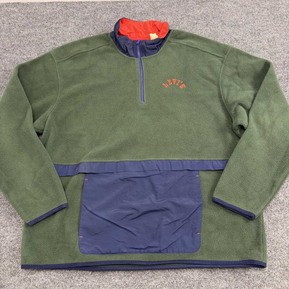 Levi's Fleece Quarter Zip Pullover Mens XL Green Navy Red Colorblock Anorak Gorp